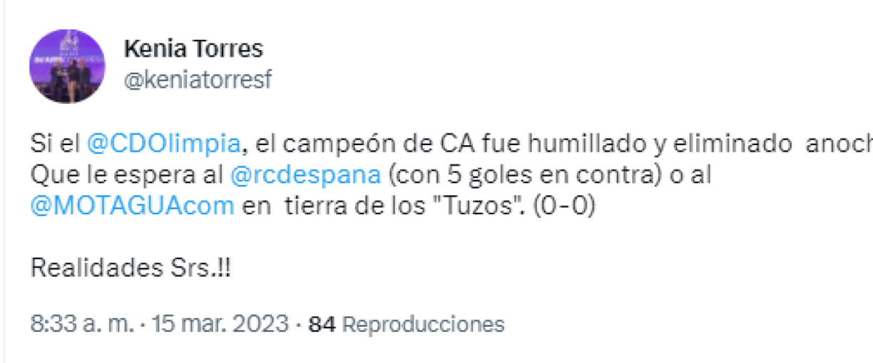 Kenia Torres: “Si el Olimpia, el campeón de CA fue humillado y eliminado anoche. ¿Qué le espera a Real España o Motagua?