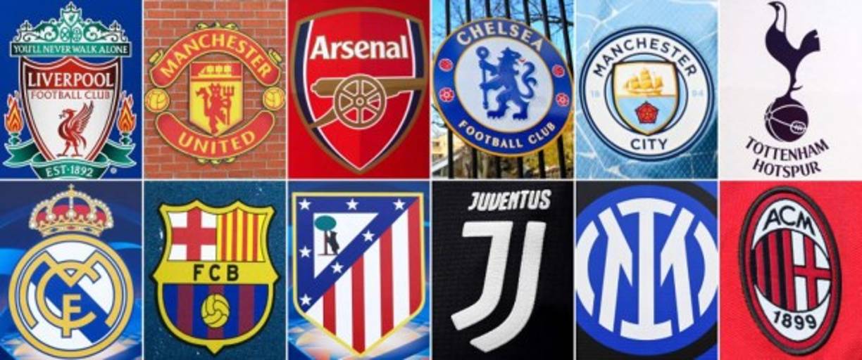 (COMBO) This combination of file pictures made on April 19, 2021, shows the logos of the following European football clubs: (top, L-R) Liverpool on May 30, 2019 in Madrid; Manchester United on July 5, 2013 in Manchester; Arsenal on March 2, 2019 in London; Chelsea on March 13, 2020 in London; Manchester City on April 10, 2021 in Manchester; Tottenham Hotspur on March 2, 2019 in London; (bottom, L-R) Real Madrid on May 20, 2014 in Lisbon; Barcelona on September 28, 2016 in Moenchengladbach; Atletico Madrid on May 20, 2014 in Lisbon; Juventus on May 26, 2019 in Genoa; Inter Milan on April 7, 2021 in Milan; and AC Milan on September 10, 2006 in Milan. - Plans for a breakaway Super League announced by twelve of European football's most powerful clubs plunged European football into an unprecedented crisis on April 19, 2021, with threats of legal action and possible bans for players, as the UEFA president called it a 'spit in the face' for supporters. Six Premier League teams -- Liverpool, Manchester United, Arsenal, Chelsea, Manchester City and Tottenham Hotspur -- joined forces with Spanish giants Real Madrid, Barcelona and Atletico Madrid and Italian trio Juventus, Inter Milan and AC Milan to launch the planned competition. (Photo by AFP)
