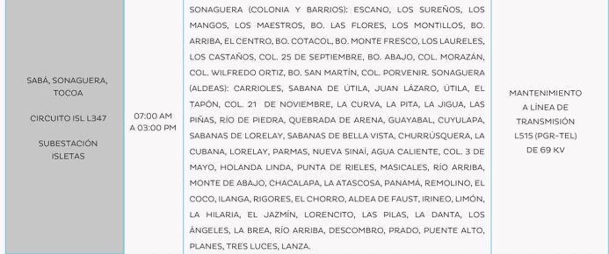 Sabá, Sonaguera y Tocoa, Colón, sin luz este domingo entre 7:00 a. m. y 3:00 p. m. 