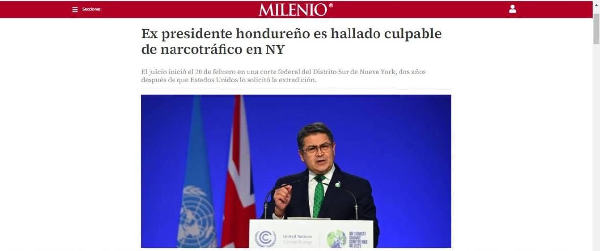 El periódico Milenio de México destacó la gravedad de la sentencia impuesta al exmandatario hondureño, quien fue declarado culpable de narcotráfico en Nueva York. 