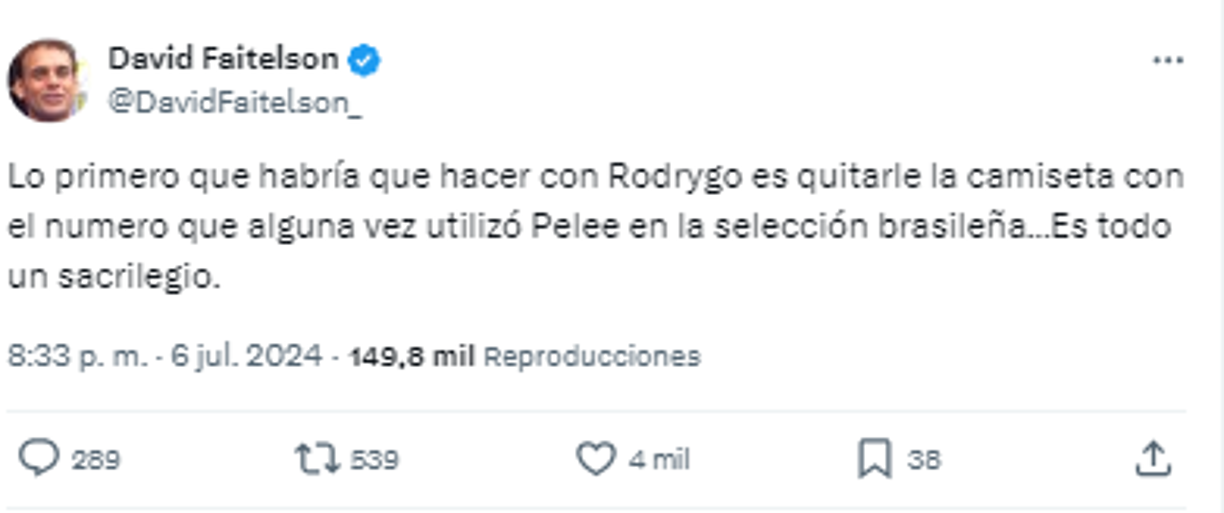 Y señaló a futbolista: “Lo primero que habría que hacer con Rodrygo es quitarle la camiseta con el número que alguna vez utilizó Pelé en la selección brasileña...Es todo un sacrilegio”.