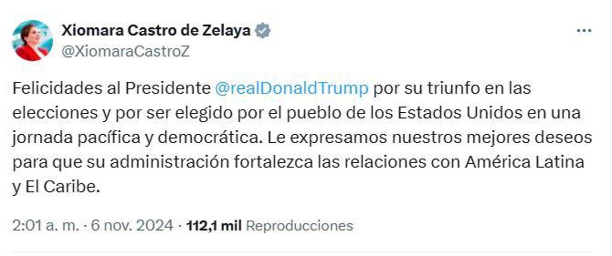 Xiomara Castro, presidenta de Honduras, también felicitó a Trump y deseó que la nueva administración fortalezca las relaciones bilaterales. 
