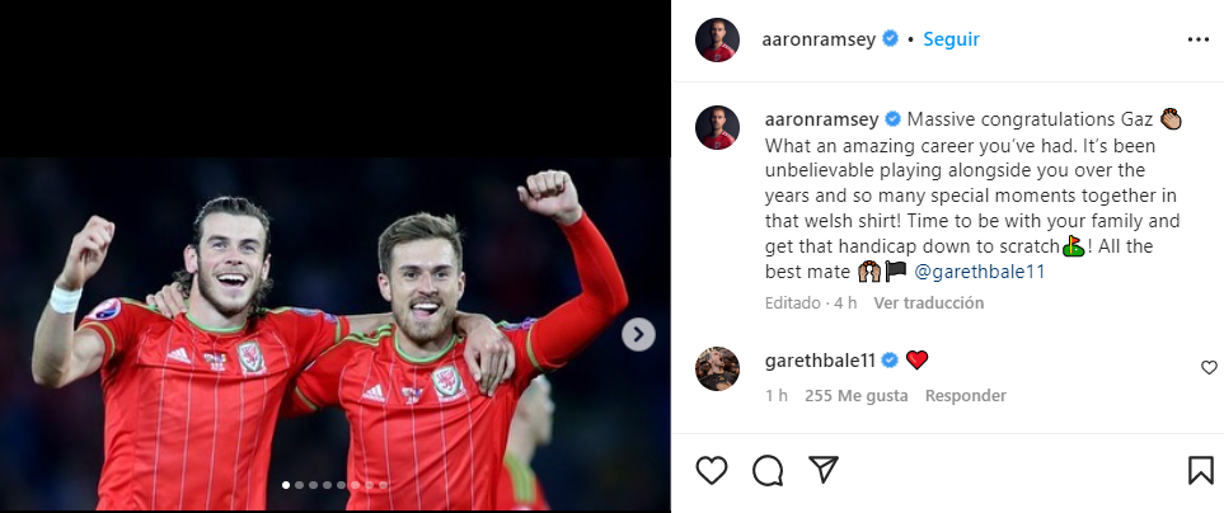 Aaron Ramsey (Gales): “Muchísimas felicitaciones, <i>Gaz</i>. <b>Qué carrera tan fantástica has tenido</b>. Ha sido increíble jugar contigo a lo largo de los años y disfrutar de tantos momentos especiales juntos con esa camiseta galesa. Es hora de estar con tu familia. Todo lo mejor, amigo”.