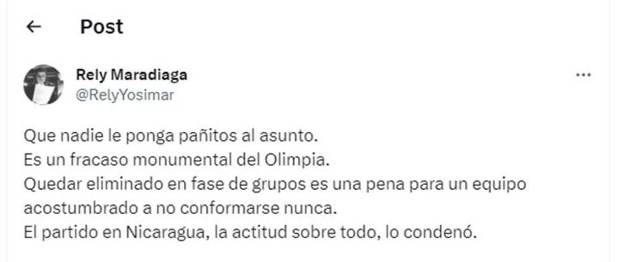Rely Maradiaga dejó su punto de vista: “Que nadie le ponga pañitos al asunto. Es un fracaso monumental del Olimpia.”