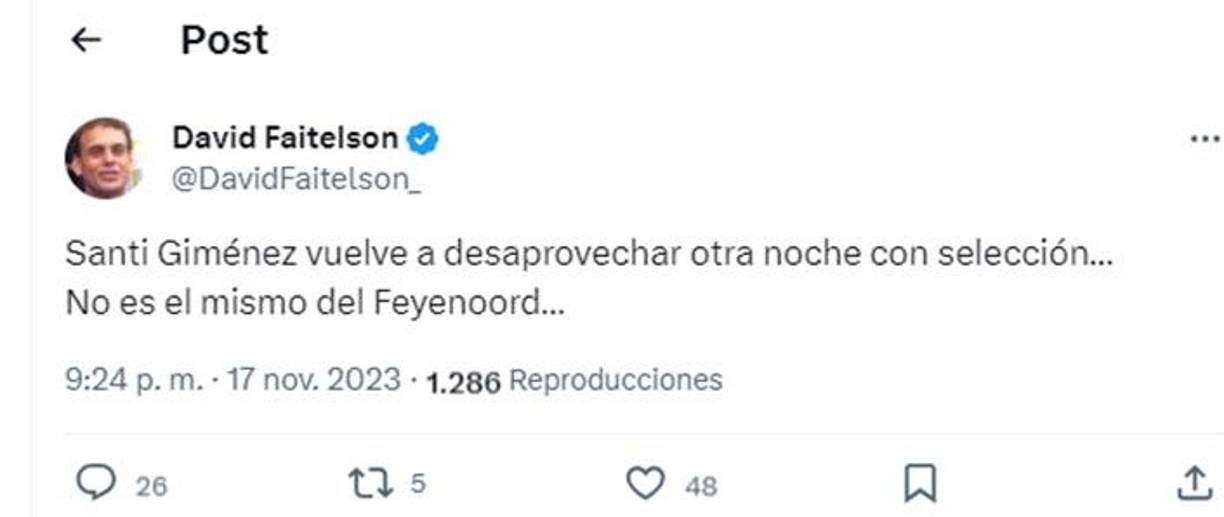 Faitelson arremetió contra el atacante mexicano Santi Giménez, quien pasó desapercibido en el Honduras- México.