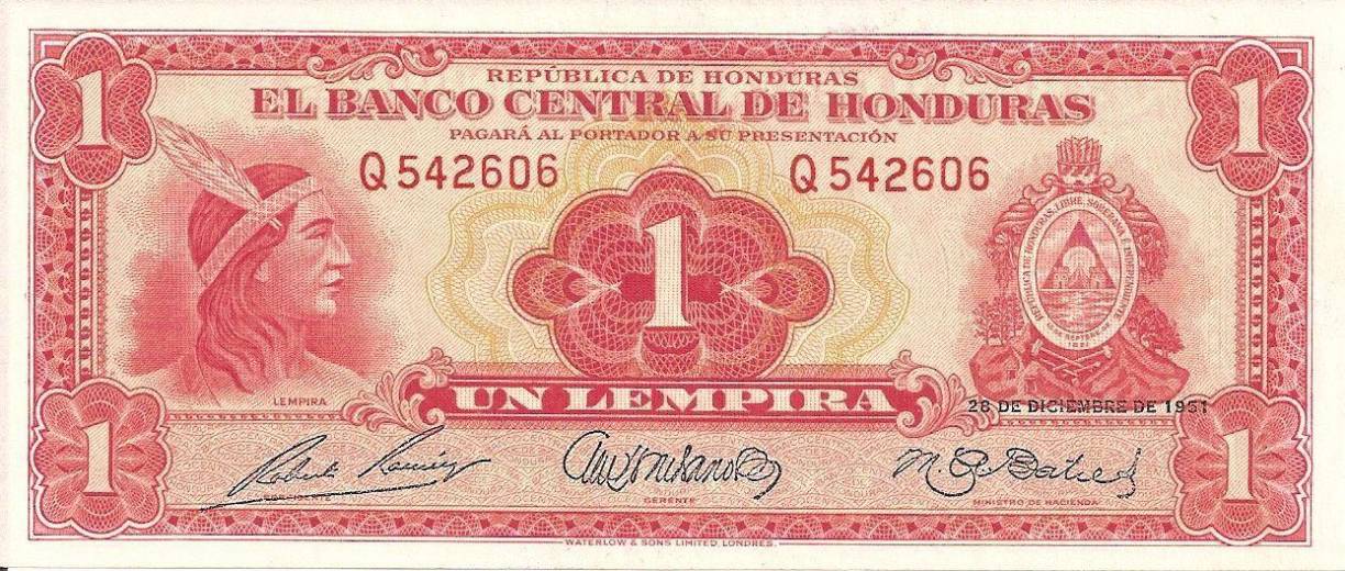 Años después, en 1952, surgió el primer billete de un lempira emitido por el Banco Central de Honduras. Esta vez se mostraba al cacique de costado y solo de hombros hacia arriba.
