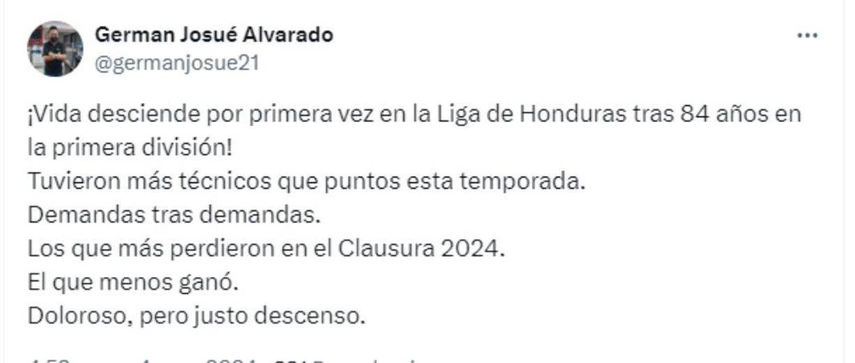 German Alvarado de Diario LA PRENSA enumeró las causas que provocaron el adiós del Vida: “Doloroso, pero justo descenso”, indicó. 