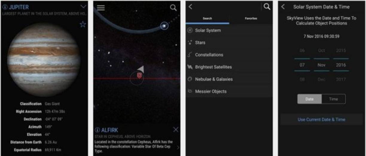 6) Sky View<br/><br/>Es una de las apps más conocidas y completas para explorar el cielo. Funciona mediante realidad aumentada para que sólo tengas que apuntar con tu celular al cielo y puedas saber más sobre las constelaciones o los planetas más cercanos.