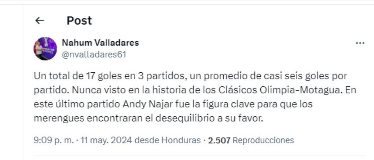 Nahum Valladares: “Un total de 17 goles en 3 partidos, un promedio de casi seis goles por juego. Nunca visto en la historia de los clásicos Olimpia- Motagua”, indicó Nahum Valladares. 