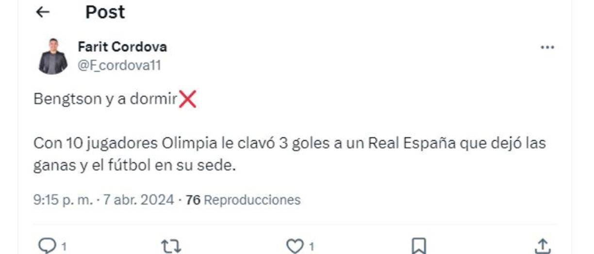 ”Con 10 jugadores el Olimpia le clavó tres goles a un Real España que dejó las ganas y el fútbol en su sede”, dijo Farit Córdova.