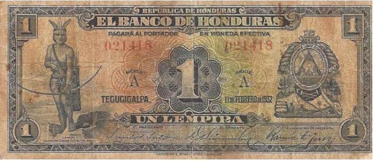 El primer billete de un lempira mostraba al héroe nacional de pie, con su arco y con una cabeza emplumada.A diferencia de los otros diseños, a este billete se le conoció como “lempira azul” y fue emitido en 1932.