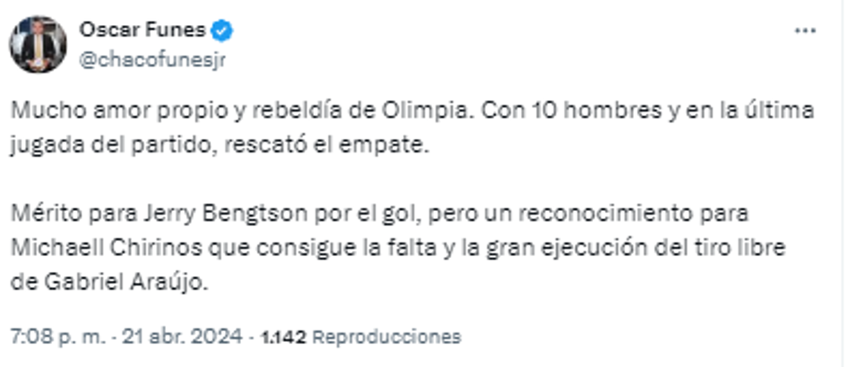Oscar Funes: “Mucho amor propio y rebeldía de Olimpia. Con 10 hombres y en la última jugada del partido, rescató el empate”.