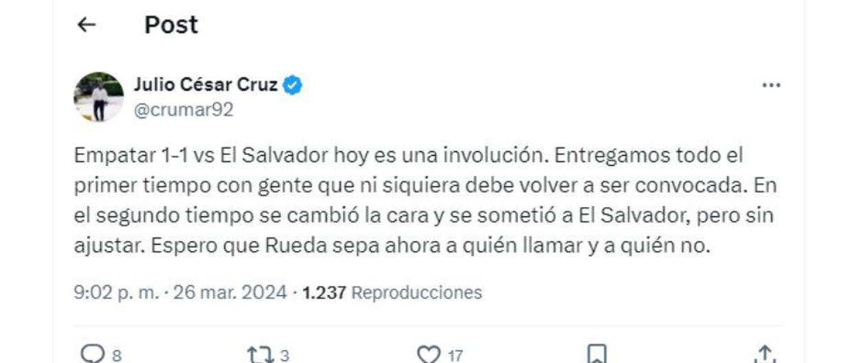 ”Empatar 1-1 vs El Salvador hoy es una involución”, señaló el periodista hondureño Julio Cruz.
