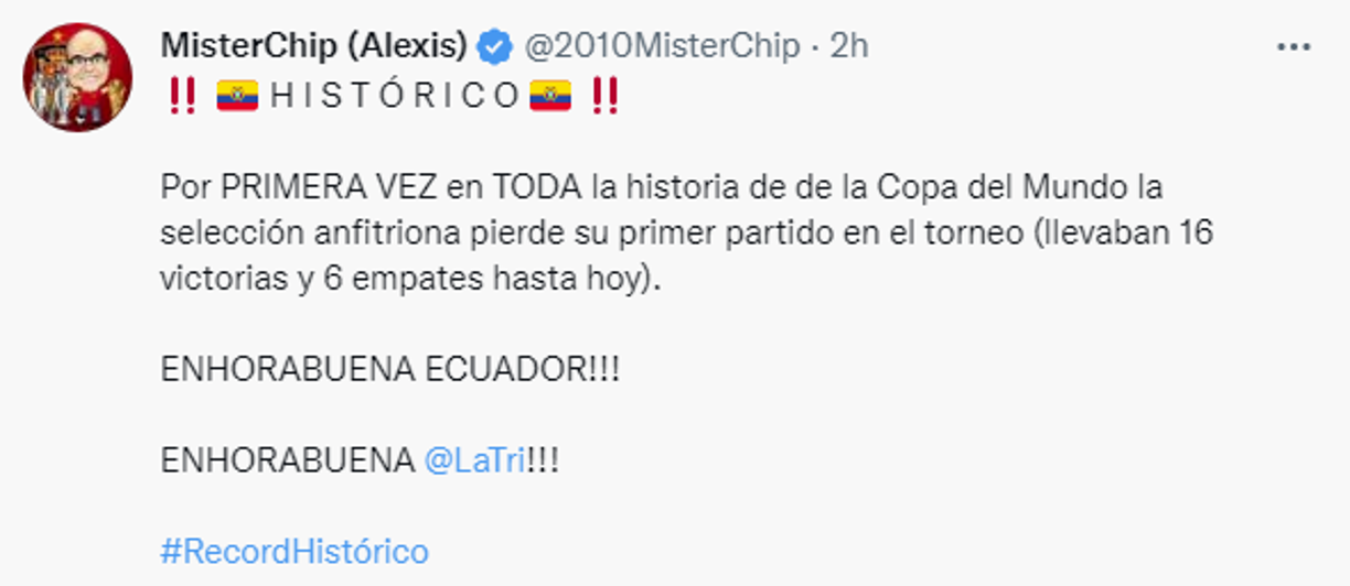 Mister Chip recalcó la victoria de Ecuador como la primera en ganarle al anfitrión de un Mundial en la historia.