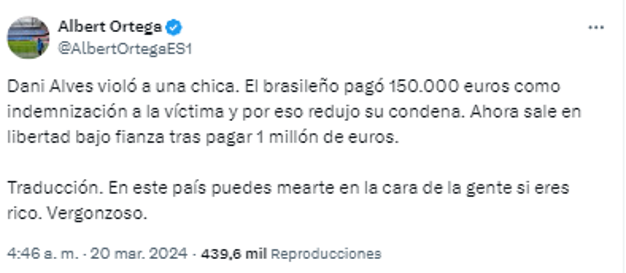 Indignación tras libertad condicional de Dani Alves: “Traducción. En este país puedes mearte en la cara de la gente si eres rico. Vergonzoso”.