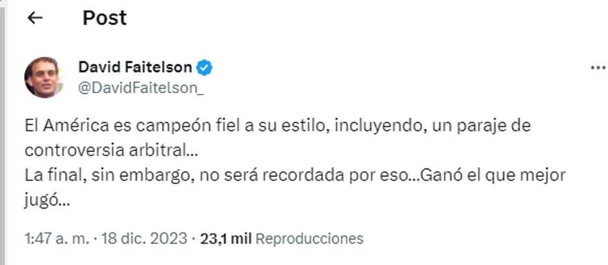 Tras el final del juego, Faitelson generó revuelo en las redes sociales. Es un antiamericanista conocido y terminó reconociendo que el América fue digno campeón.