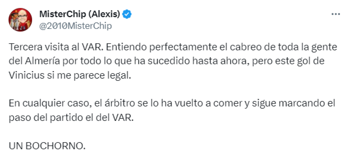 Estas fueron las palabras del famoso Mister Chip sobre la polémica del Bernabéu. Para el estadígrafo el tanto de Vinicius es válido.