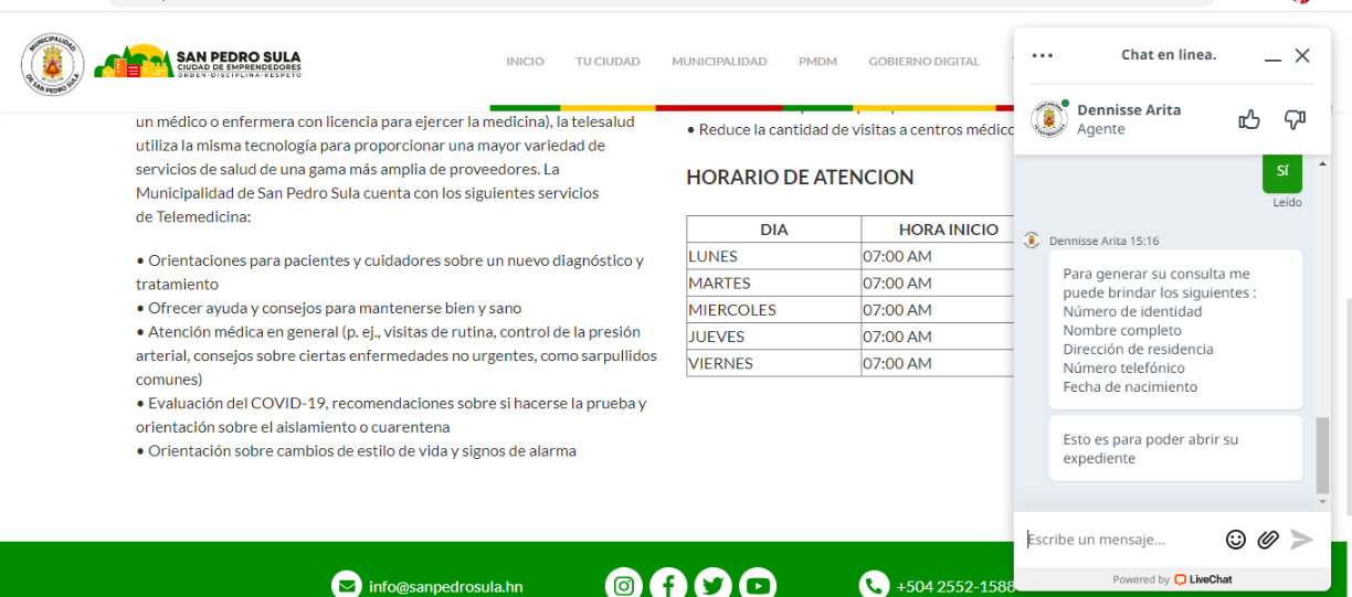 Posteriormente, le enviarán un mensaje en el cual le solicitan algunos datos personales para enviarle un enlace para ingresar a la teleconsulta.