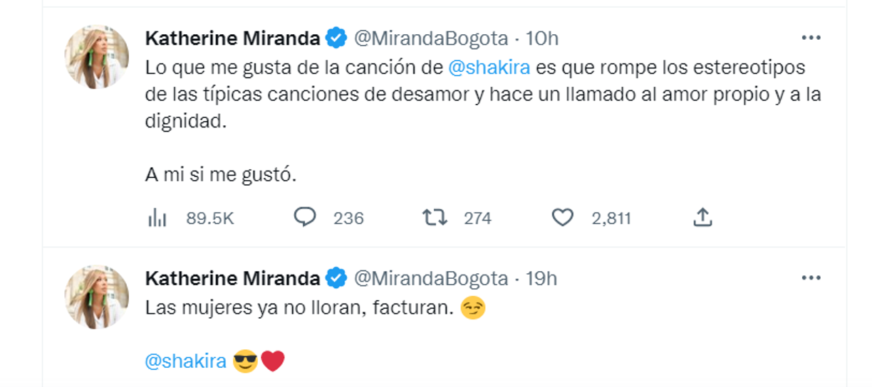 Por su parte, la congresista de Alianza Verde Katherine Miranda reivindicó el tema como una forma de romper los estereotipos “de las típicas canciones de desamor” y lo consideró como un “llamado al amor propio y a la dignidad”.