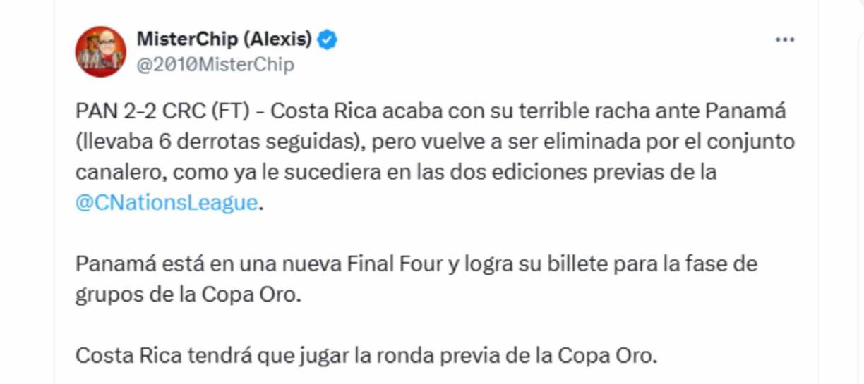 Uno de los datos que compartió desde España el estadígrafo MisterChip sobre el Panamá vs Costa Rica. 