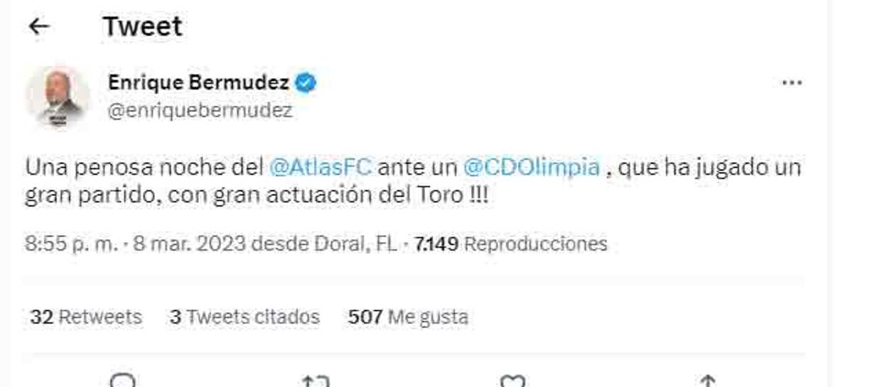 “Perro” Bermúdez daba favorito al Atlas y lamentó la caída del equipo de sus amores: “Una penosa noche del Atlas ante un Olimpia, que ha jugado un gran partido, con gran actuación del Toro.”