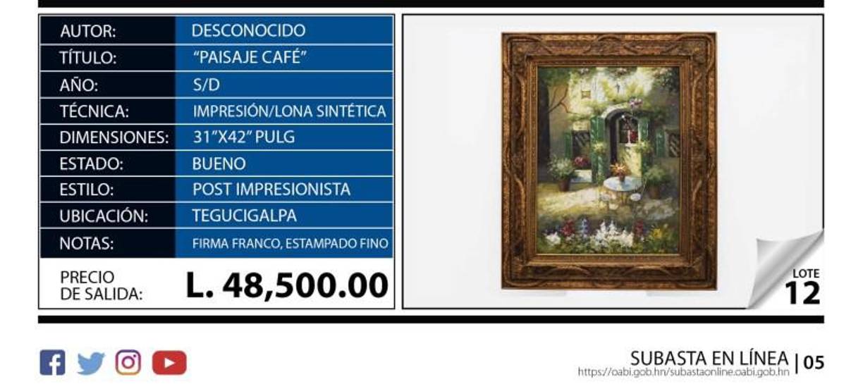 Algunas no están firmadas, aunque sí tienen un nombre. El precio de salida de “Paisaje café”, por ejemplo, es de 48,000 lempiras. 