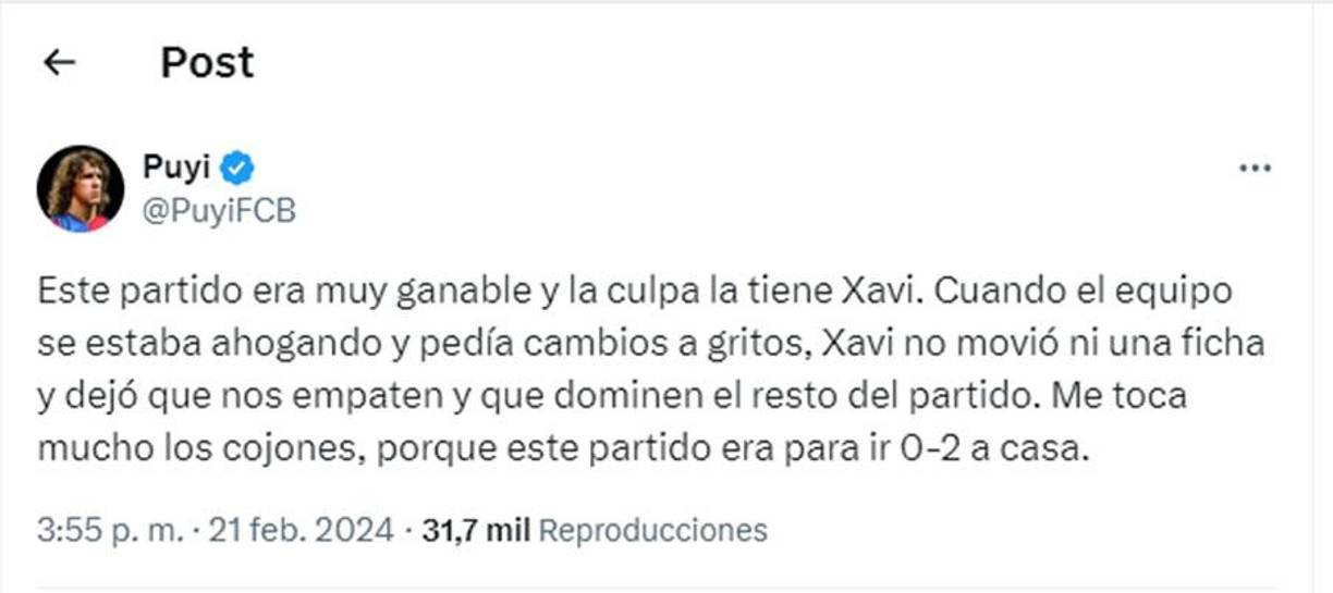 Aficionados del Barcelona han evidenciado su molestia por la lectura de partido de Xavi.