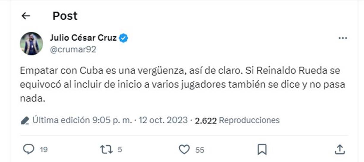 El periodista Julio Cruz se unió a las críticas: “Empatar con Cuba es una vergüenza, así de claro.”