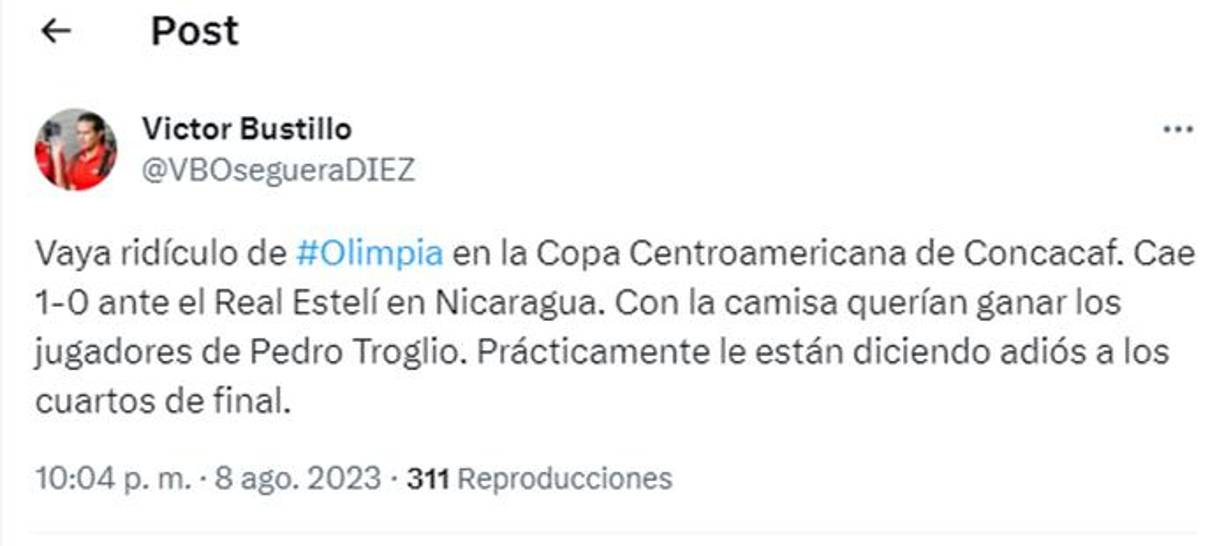 Víctor Bustillo de Diario Diez: “Vaya ridículo de Olimpia en la Copa Centroamericana de Concacaf. “
