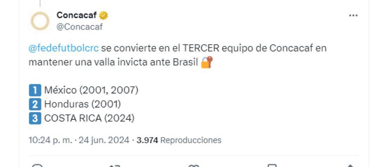 Concacaf destacó que México, Honduras y Costa Rica en la historia son las únicas selecciones de su área que no encajaron goles en un duelo ante Brasil.