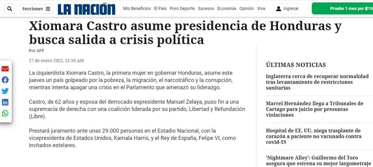 Medios internacionales destacan toma de posesión de Xiomara Castro en Honduras