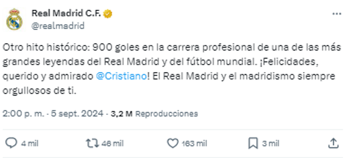 El Real Madrid también se pronunció y dejó un tremendo mensaje: “Otro hito histórico: 900 goles en la carrera profesional de una de las más grandes leyendas del Real Madrid y del fútbol mundial. ¡Felicidades, querido y admirado Cristiano! El Real Madrid y el madridismo siempre orgullosos de ti”.