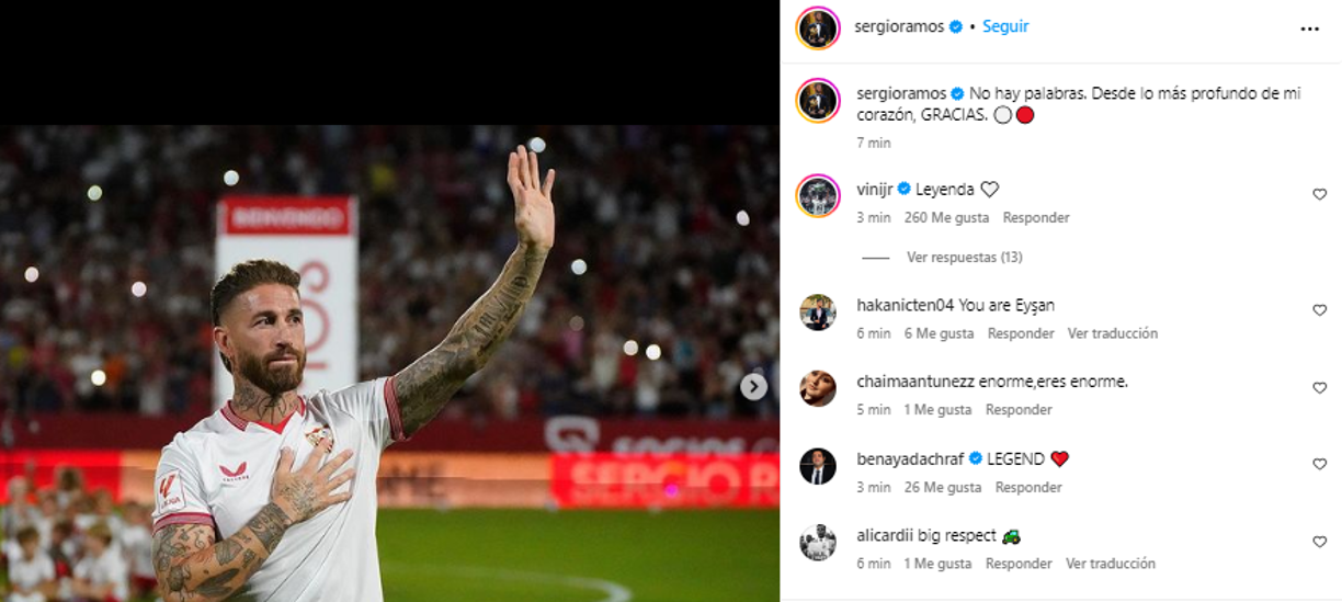 Vinicius se pronunció en redes sociales y tras el posteo de Sergio Ramos comentó: “Leyenda”.