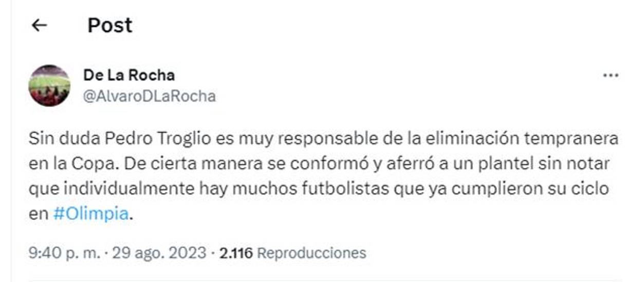 Álvaro De La Rocha: “Sin duda Pedro Troglio es muy responsable de la eliminación tempranera en la Copa.”