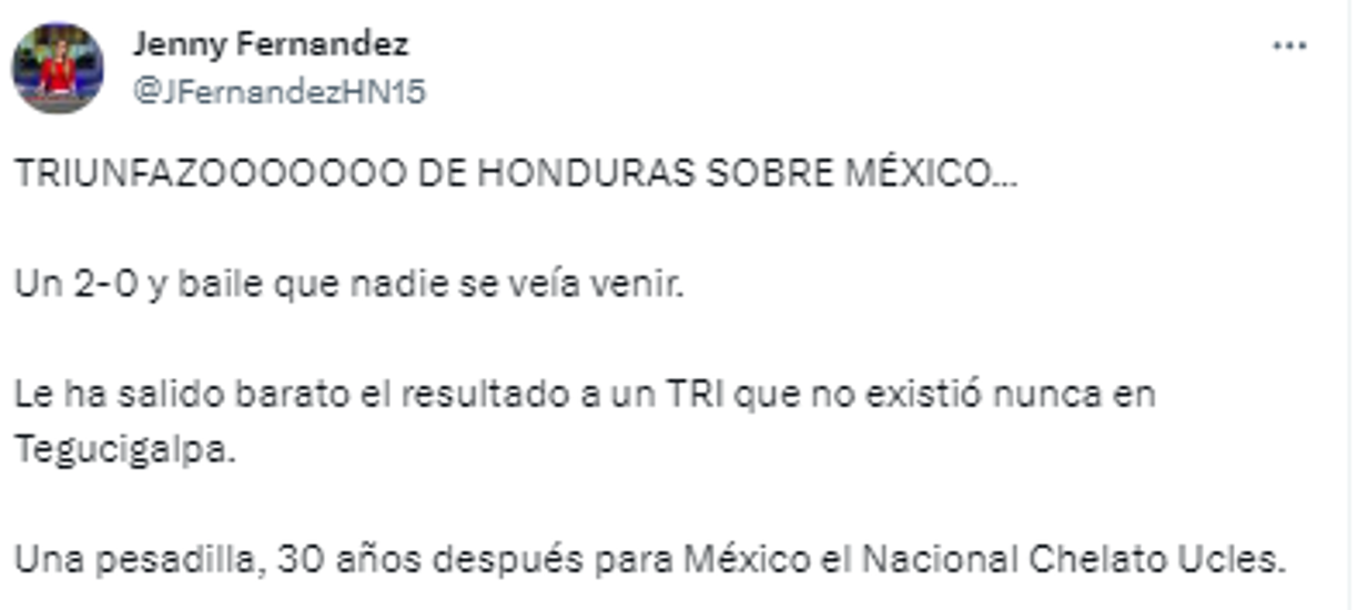 Jenny Fernández: “2-0, baile que nadie veía venir. Le ha salido barato el resultado a un TRI que no existió nunca en Tegucigalpa”.
