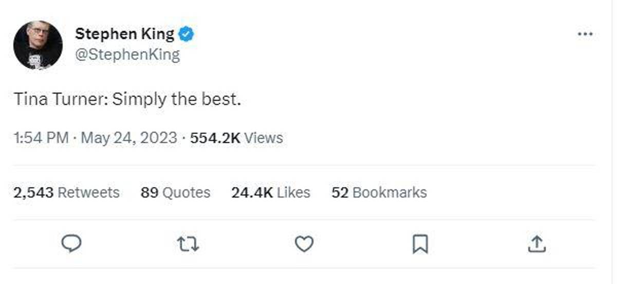 Otro de los artistas que se ha pronunciado ante la muerte de la “Reina del Rock &amp; Roll” fue el famoso escritor de obras de terror Sthephen King, quien escribió en su cuenta de Twitter que “era simplemente la mejor” .