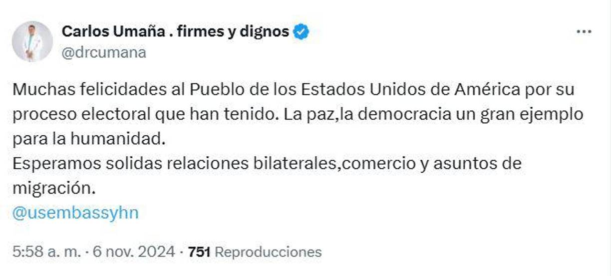 Carlos Umaña, legislador del Partido Salvador de Honduras (PSH), mencionó que la democracia en Estados Unidos sigue siendo un ejemplo para la humanidad. 