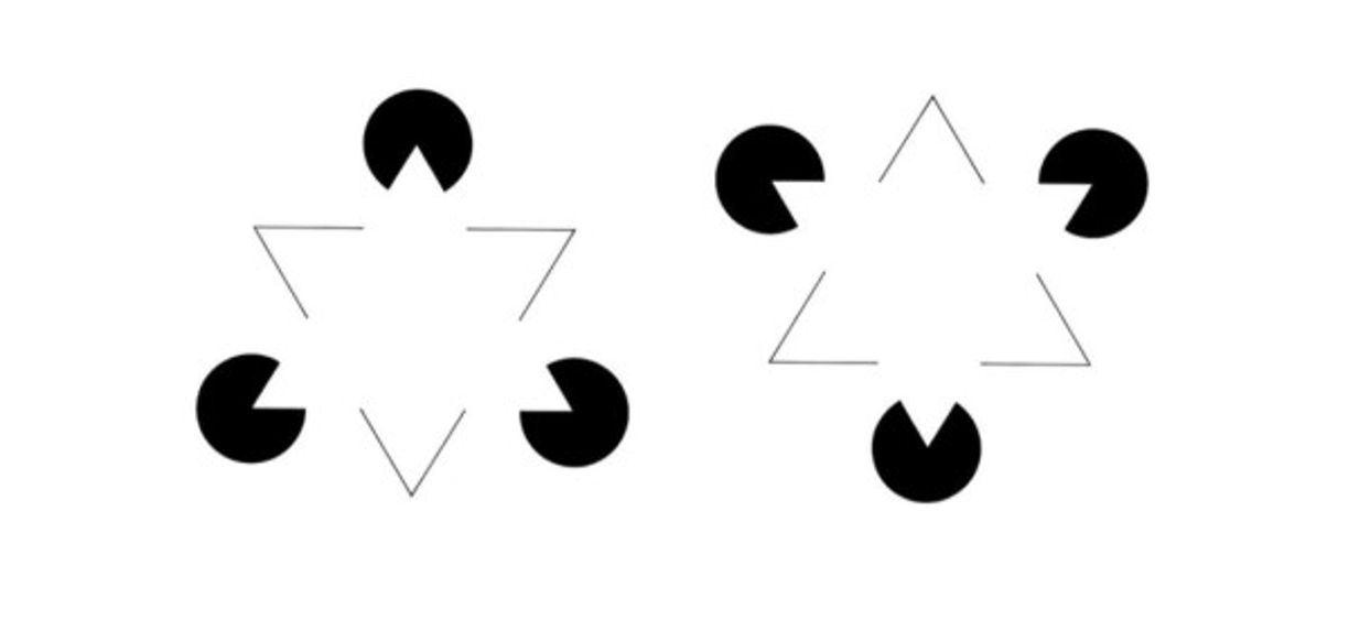 4. El triángulo de Kanisza<br/><br/>¿Ves triángulos? Porque en realidad no hay ninguno. Es tu cerebro el que los está dibujando, porque ante la imagen de formas discontinuas, nuestro cerebro ha evolucionado para interpretar que hay un objeto delante.<br/><br/>Una vez más, nuestro cerebro sacando conclusiones precipitadas. De nuevo, por una buena razón: esto facilitaría detectar a depredadores o presas en un entorno natural.