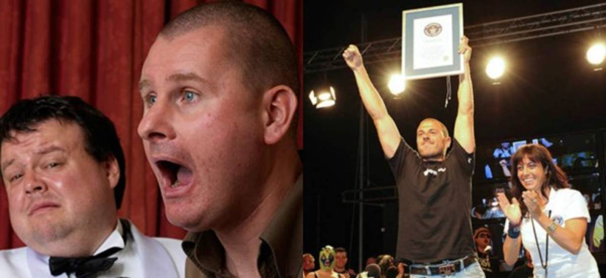 Aquí dos grandes del erupto<br/><br/>El eructo más largo:<br/><br/>El eructo más largo es de 1 minuto 13 segundos 57 milisegundos y fue logrado por Michele Forgione (Italia), también conocido como Rutt Mysterio, en el 13er concurso anual de cerveza Hard Rock 'Ruttosound', en Reggiolo, Italia, el 16 de junio de 2009.<br/><br/>y el más fuerte:<br/><br/>(izquierda) Paul 'The Burper King' Hunn (Reino Unido) desencadenó un eructo de 109,9 dB en Butlins en Bognor Regis, Reino Unido en 2009 y ha mantenido el título Guinness para el eructo más fuerte desde entonces.<br/> <br/>Para poner eso en perspectiva, el eructo de Hunn es más fuerte que una gran orquesta.<br/>