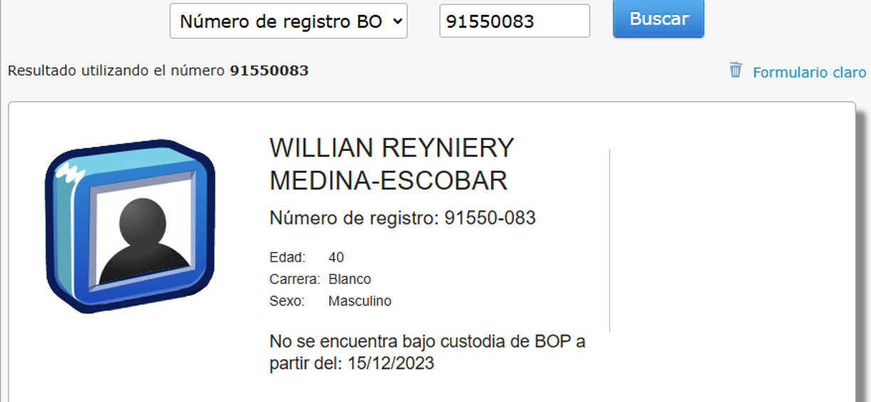 El registro del Buró Federal de Prisiones (BOP, por sus siglas en inglés) señala que Willian Reyniery Medina Escoba ya no está bajo su custodia desde el 15 de diciembre de 2023. 