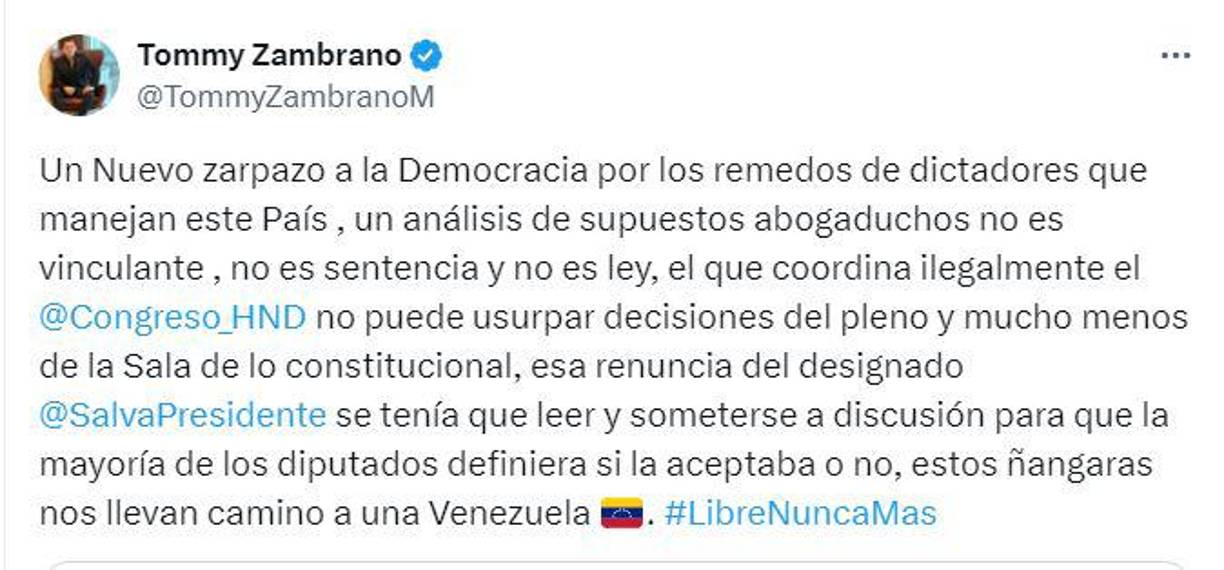 Tomás Zambrano, jefe de la bancada de diputados del Partido Nacional, calificó como “zarpazo a la democracia”, la actuación de Redondo en contra de Nasralla. 