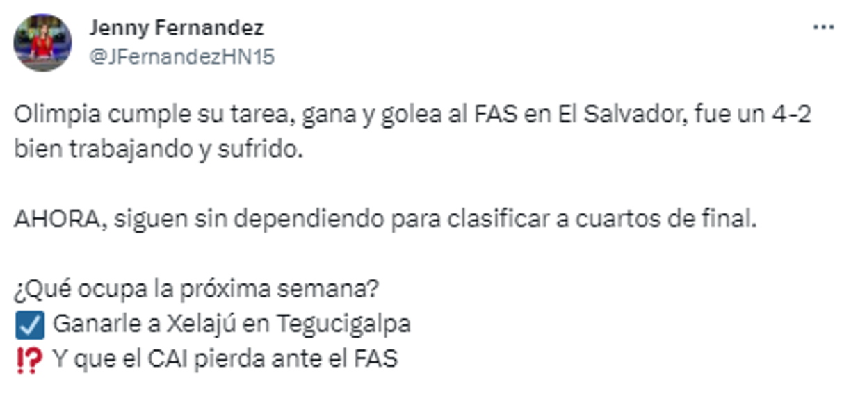Jenny Fernández, periodista de DIEZ: “Olimpia cumple su tarea, gana y golea al FAS en El Salvador, fue un 4-2 bien trabajado y sufrido. Ahora, siguen sin depender para clasificar a cuartos de final”.