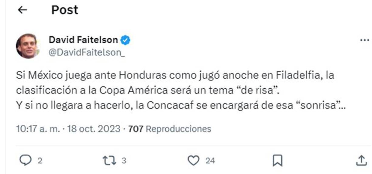 Faitelson ha encendido las redes este día: “Si México juega ante Honduras como jugó anoche en Filadelfia, la clasificación a la Copa América será un tema de “risa.” Y si no llegará a hacerlo, la Concacaf se encargará de esa “sonrisa”, indicó.