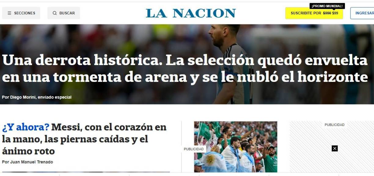 La Nación destacó “una derrota histórica” y reconoció que Messi anduvo con “las piernas caídas”.