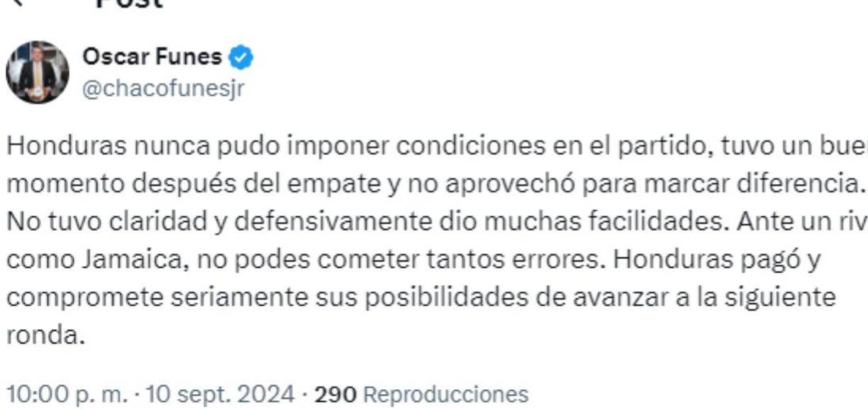 Chaco Funes dio sus valoraciones sobre el nivel de Honduras ante Jamaica. 