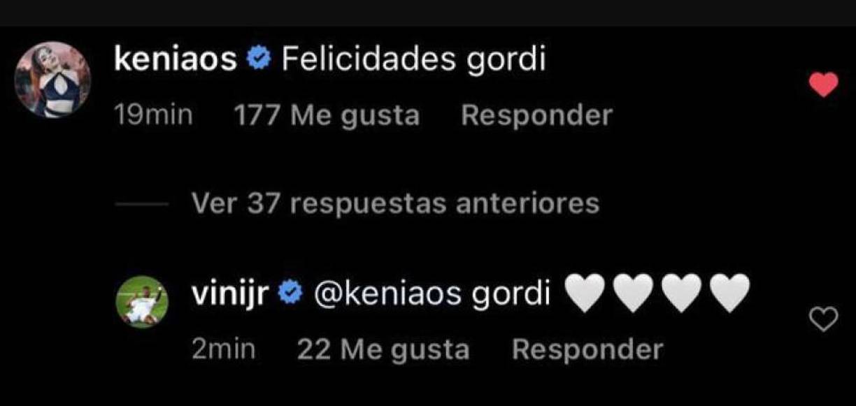 “Felicidades Gordi”, fue el cariñoso comentario que le dejó Kenia Os a Vinicius tras el partido en donde se lució.