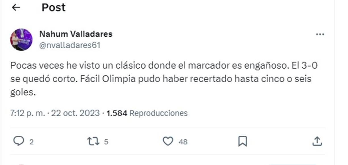 Nahum Valladares: “Pocas veces he visto un clásico donde el marcador es engañoso. El 3-0 se quedó cortó”, indicó el experimentado periodista. 