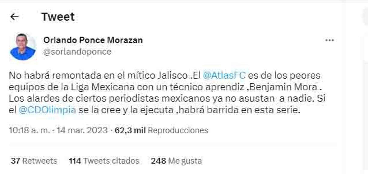 Orlando Ponce en sus redes sociales había señalado que Olimpia “iba a barrer en la serie” ante Atlas. 