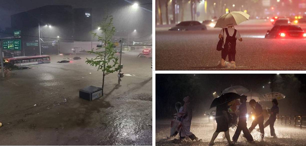 Estaciones de metro y grandes carreteras quedaron anegadas en la capital surcoreana, Seúl, tras lluvias torrenciales y graves inundaciones que provocaron siete muertos y otros siete desaparecidos, dijeron las autoridades el martes