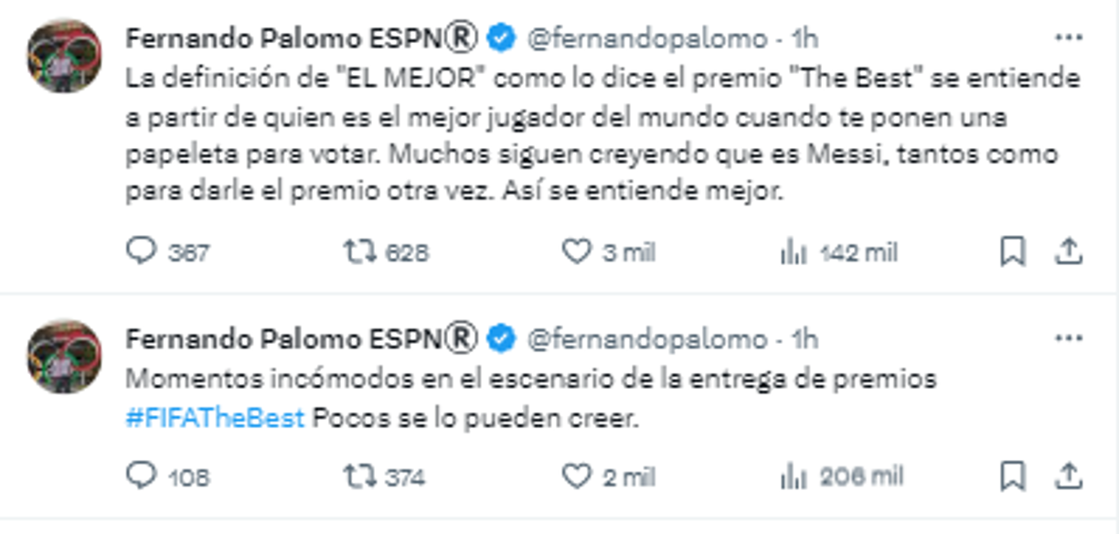 “Momentos incómodos en el escenario de la entrega de premios #FIFATheBest Pocos se lo pueden creer”, comentó Fernando Palomo.